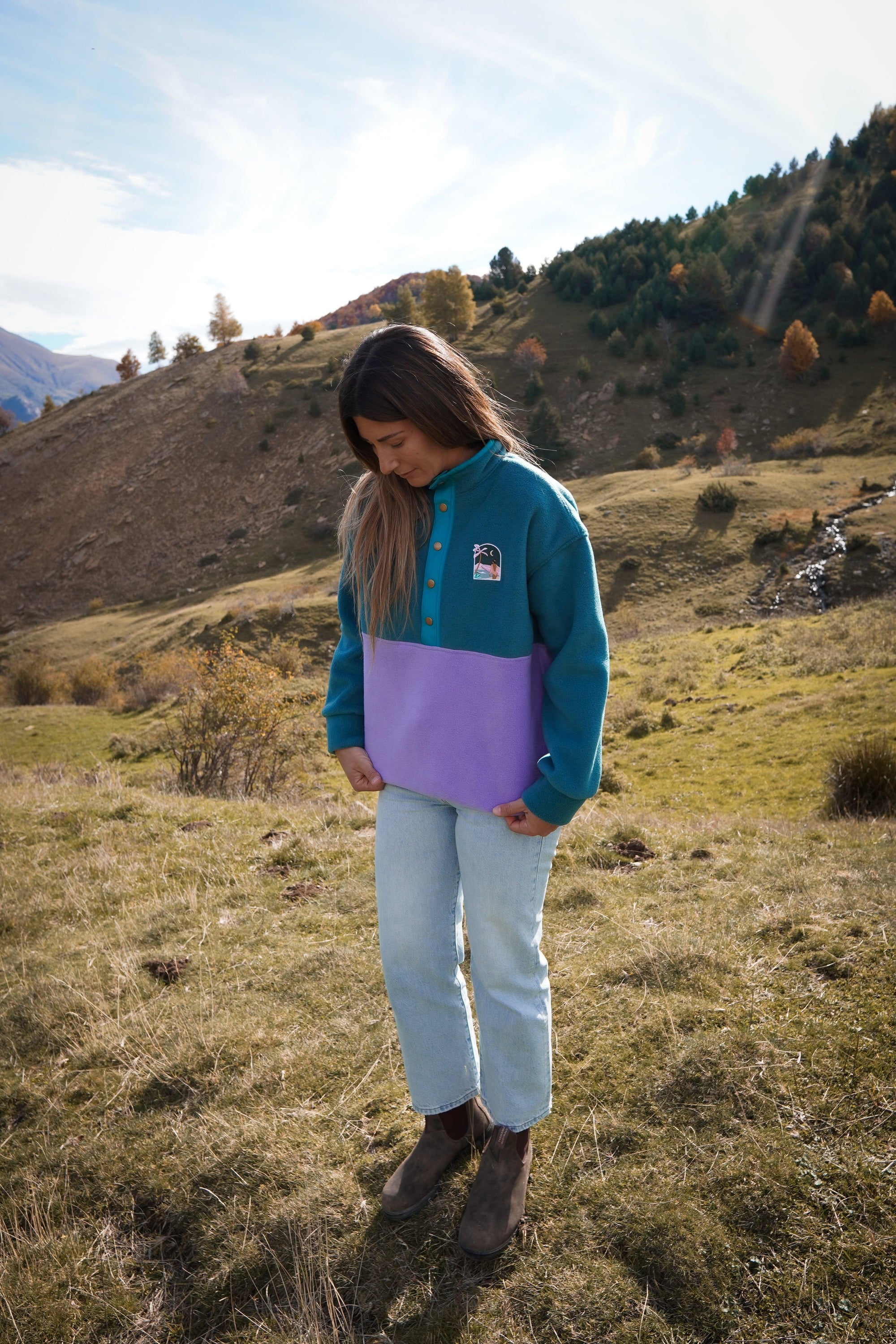 Précommande Veste polaire vert forêt et lila - Délais de fabrication: 4 semaines
