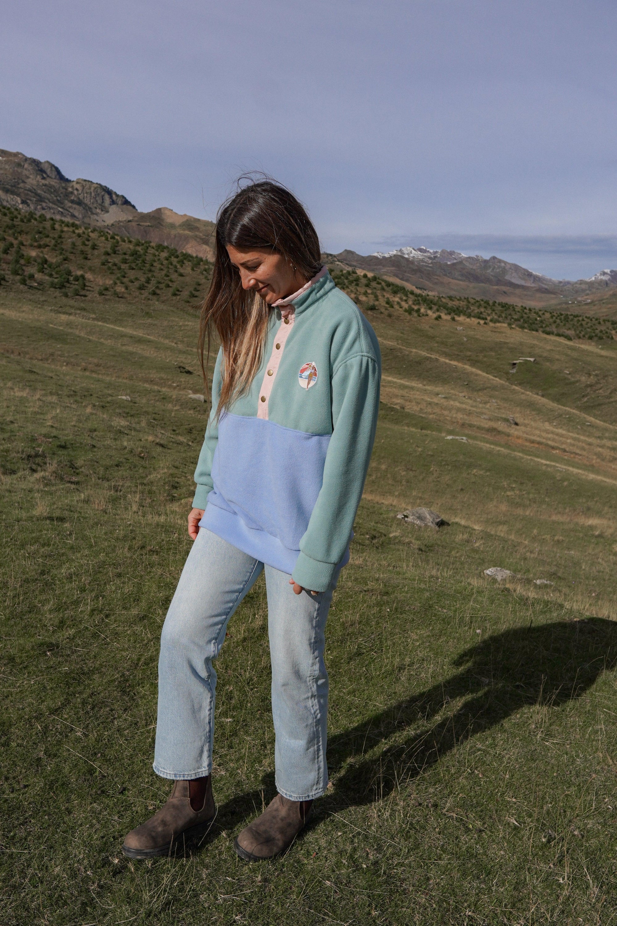 Veste polaire vert sauge et bleu nuage