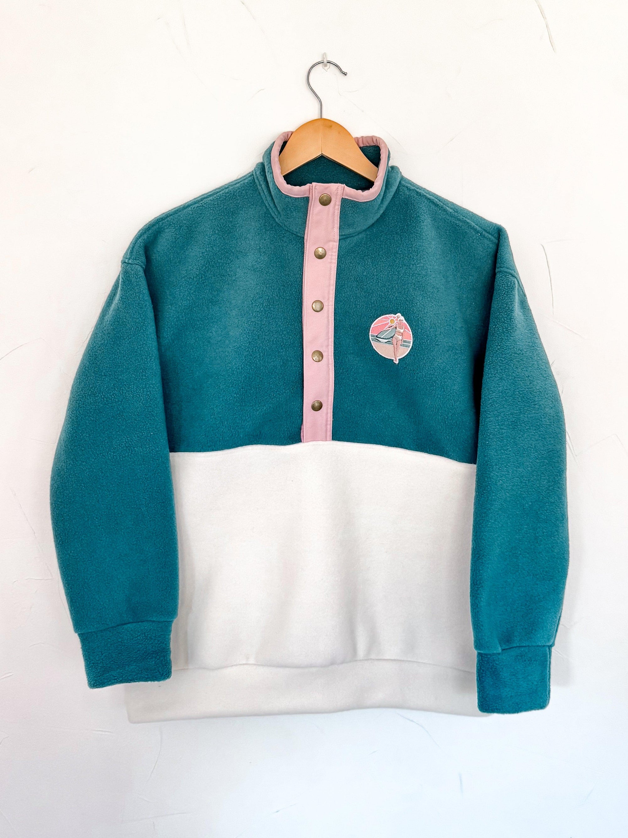 Précommande Veste polaire vert forêt, écru et rose pâle - délais: 2-3 semaines