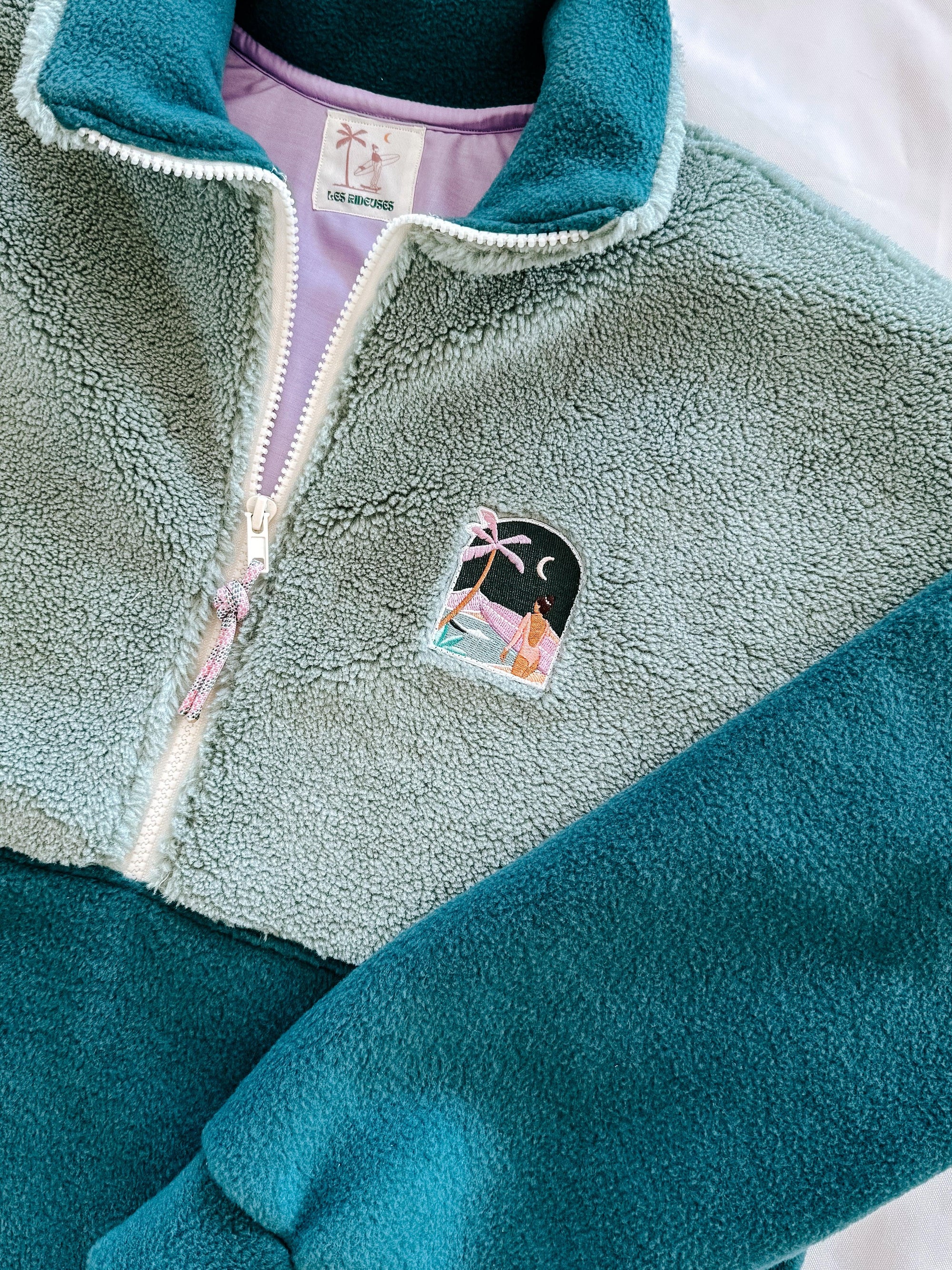 Veste polaire sherpa vert sauge, vert forêt et lila- Plus épaisse - Exemplaire unique