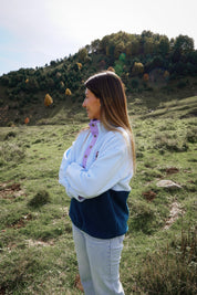 Veste polaire bleu ciel, vert essence et lila