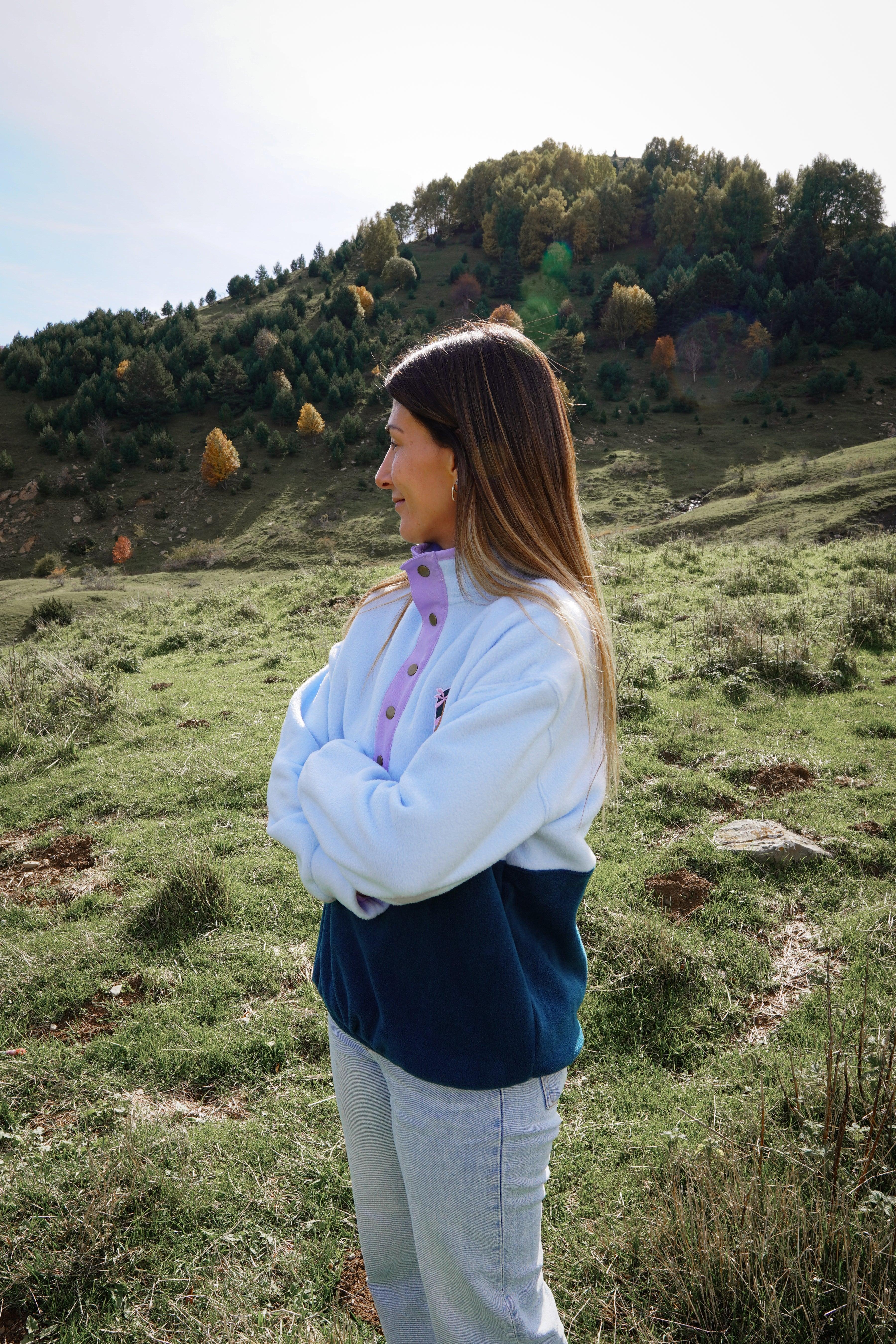 Veste polaire bleu ciel, vert essence et lila