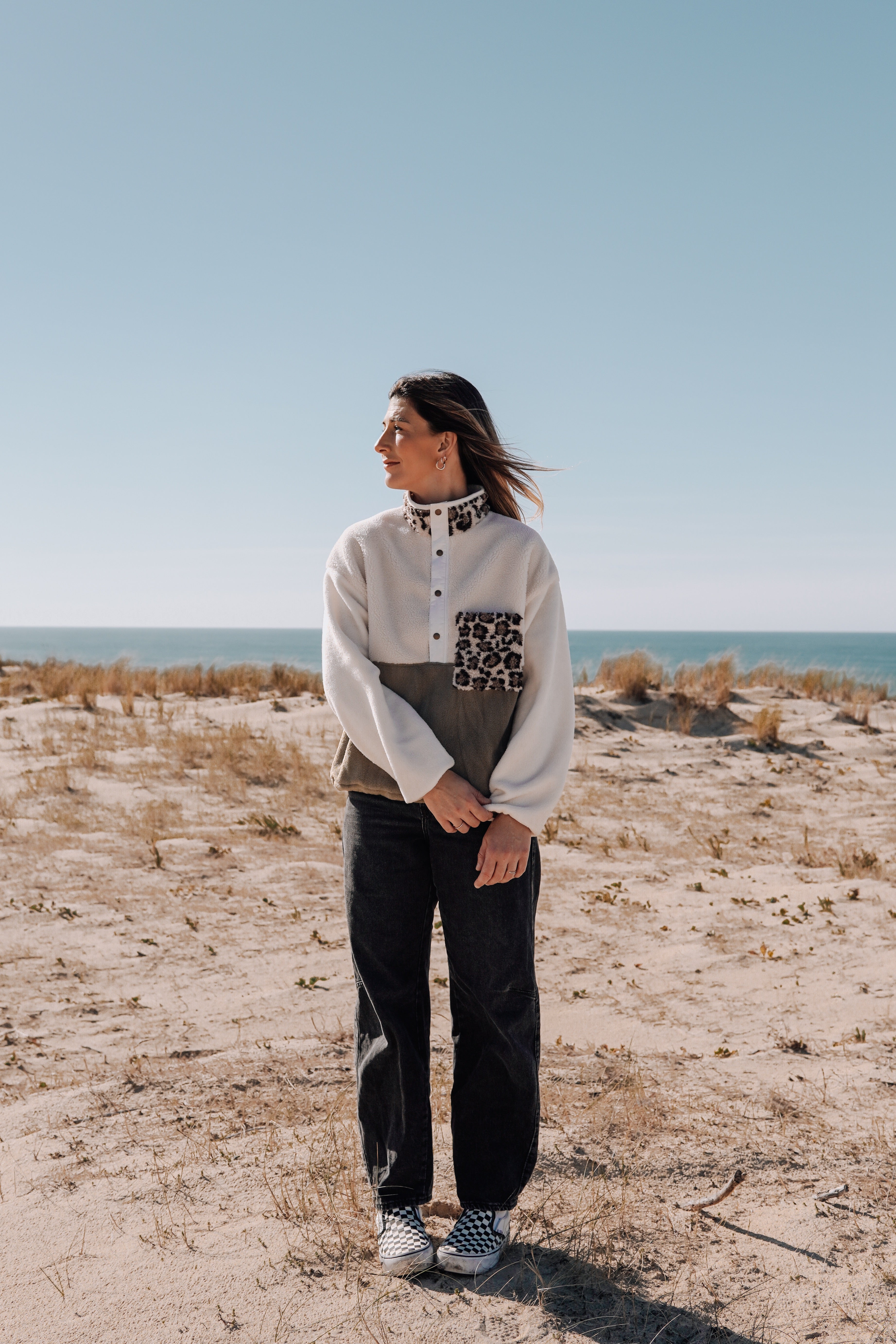 Veste polaire sherpa écru/olive et léo