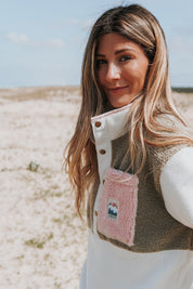 Veste polaire sherpa kaki clair/écru et rose