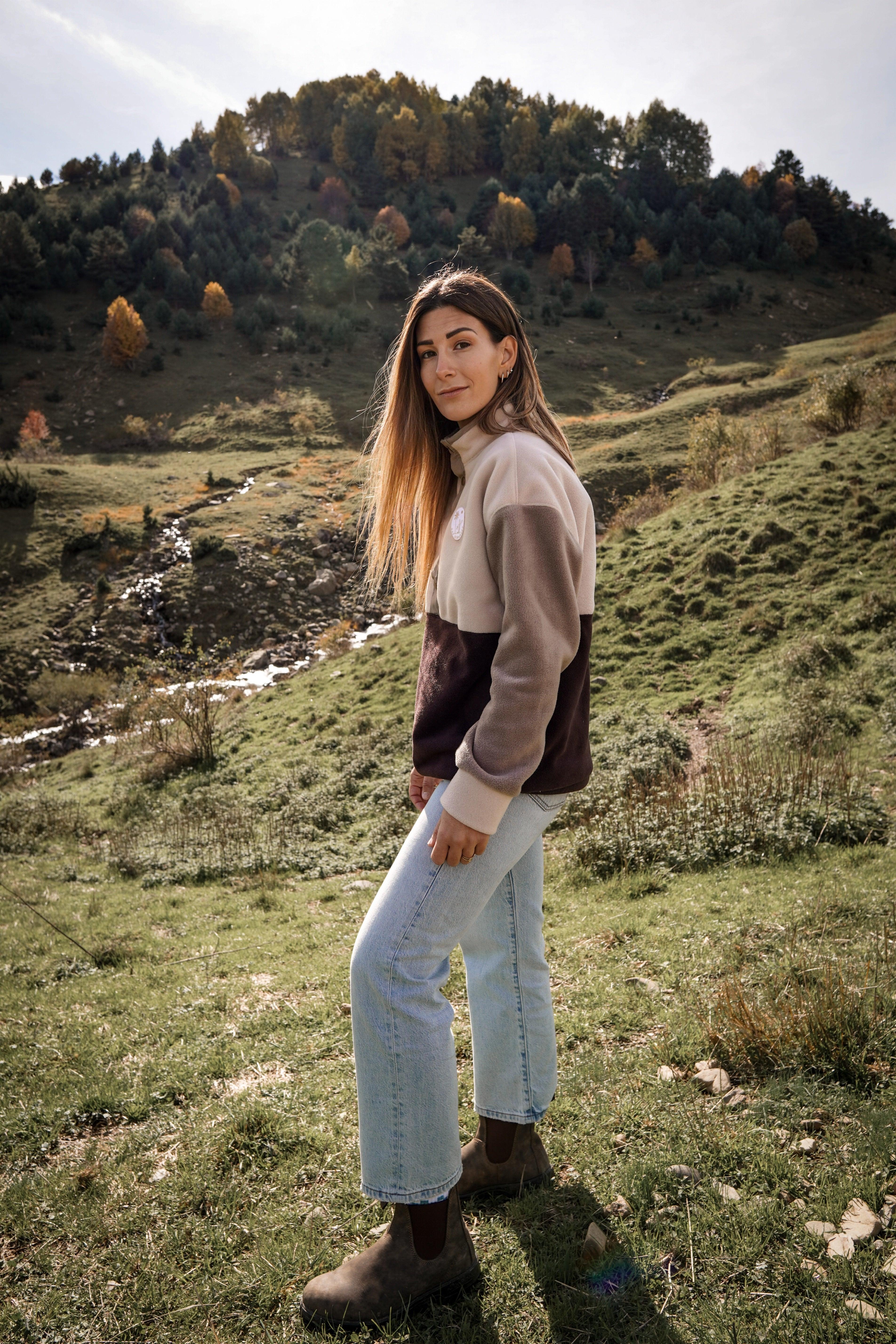 Veste polaire tricolore beige, cappucino et marron foncé