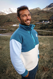 Veste polaire tricolore vert forêt, bleu ciel, écru