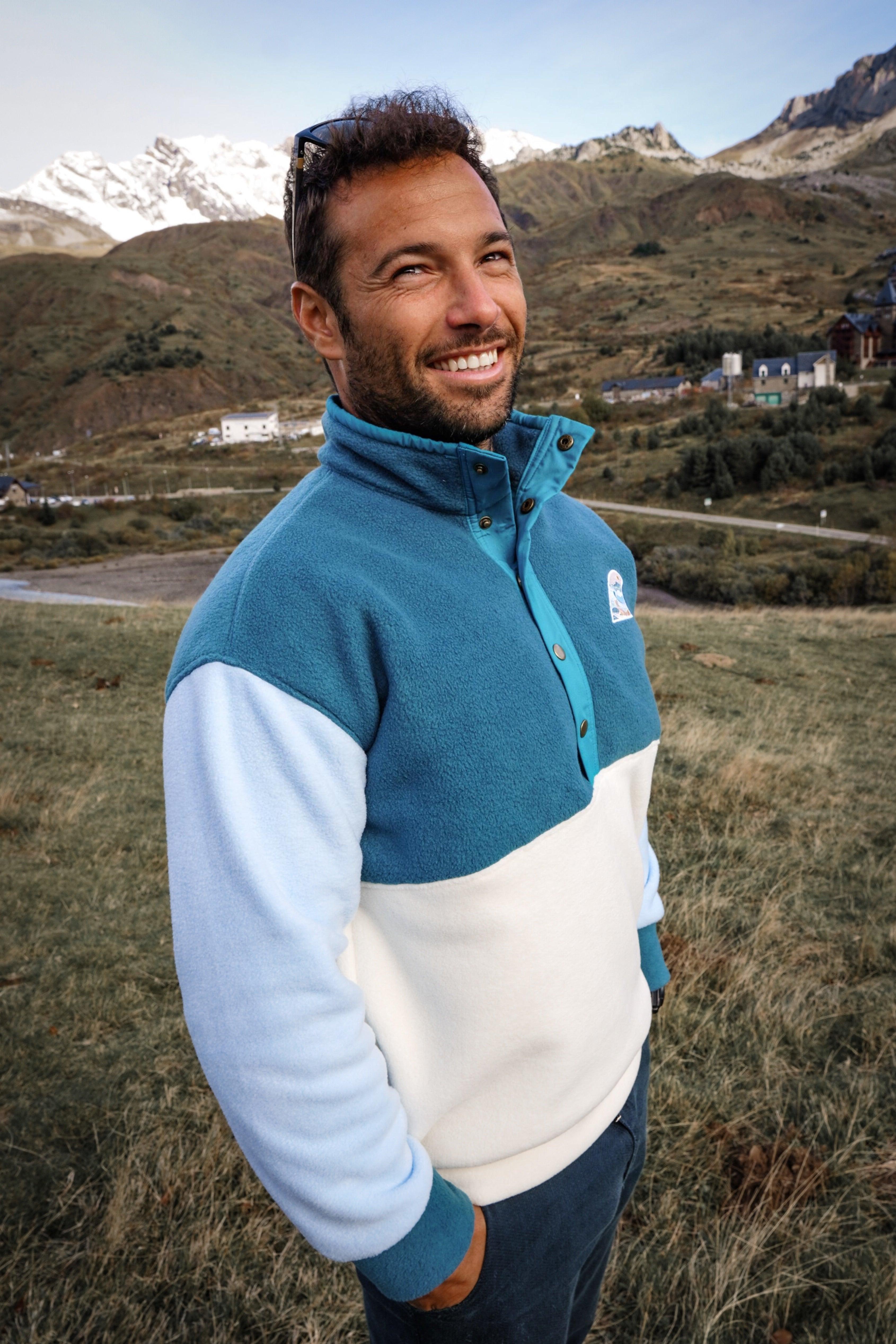 Veste polaire tricolore vert forêt, bleu ciel, écru