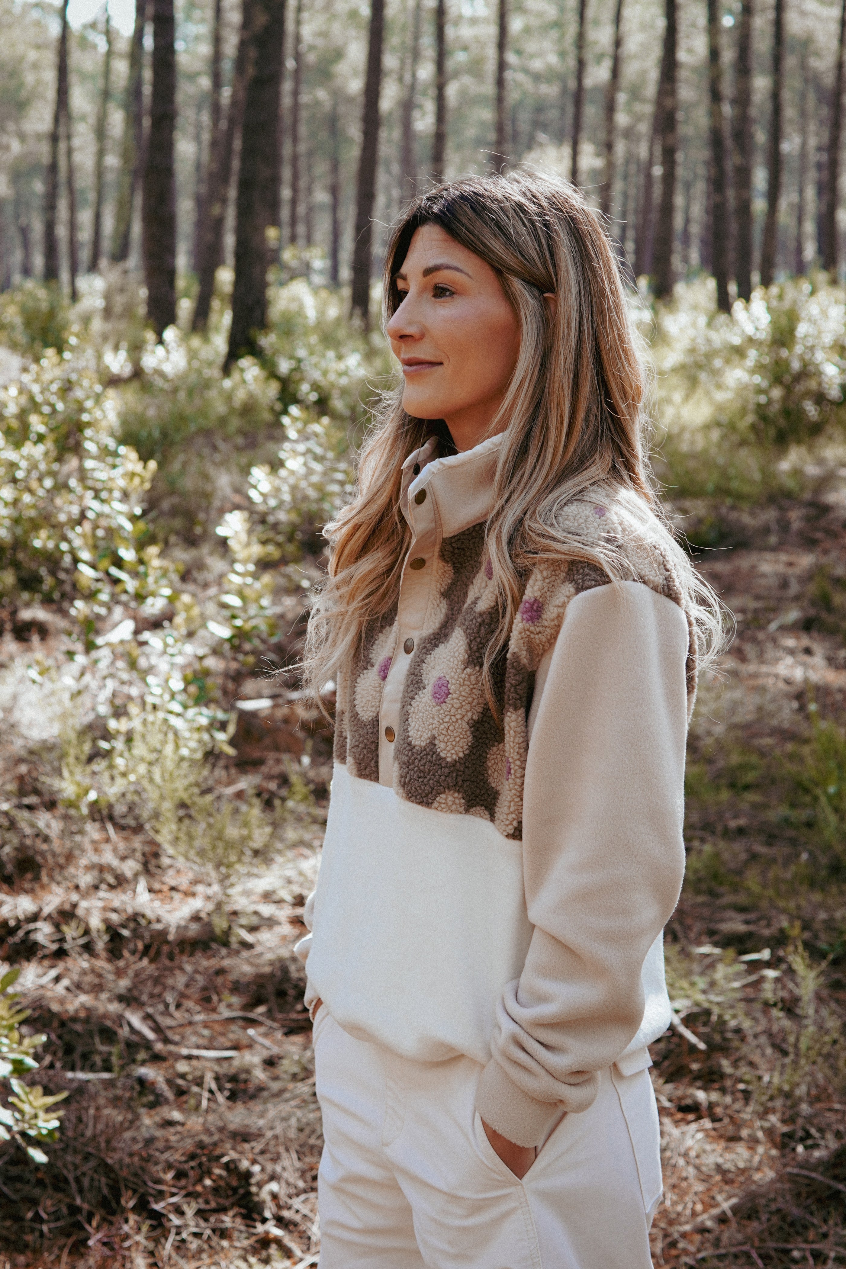 Veste polaire sherpa fleurs/beige & écru