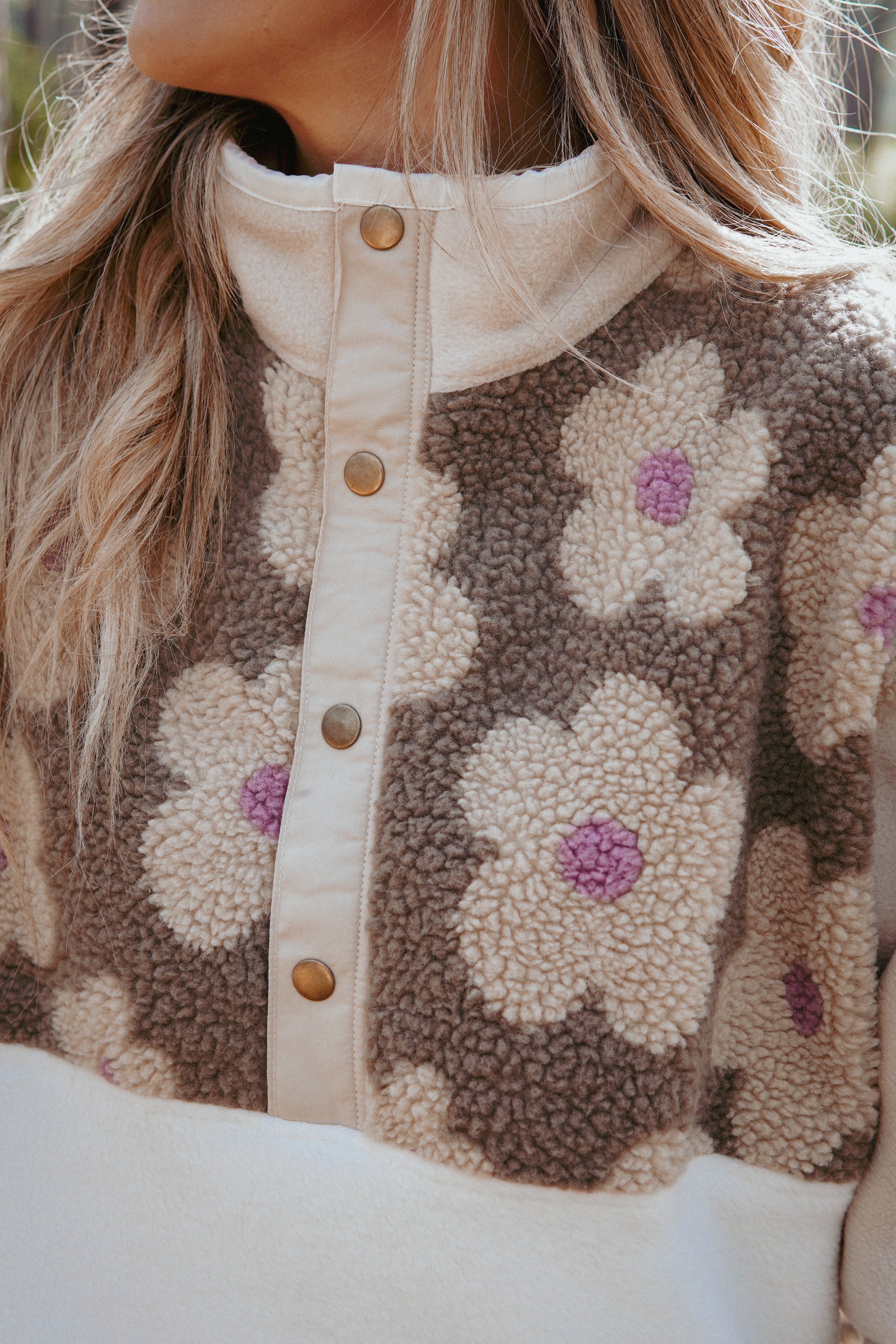 Veste polaire sherpa fleurs/beige & écru