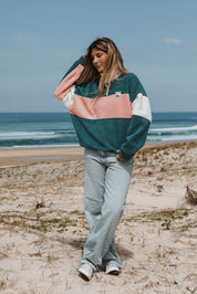 Pull polaire vert & rose