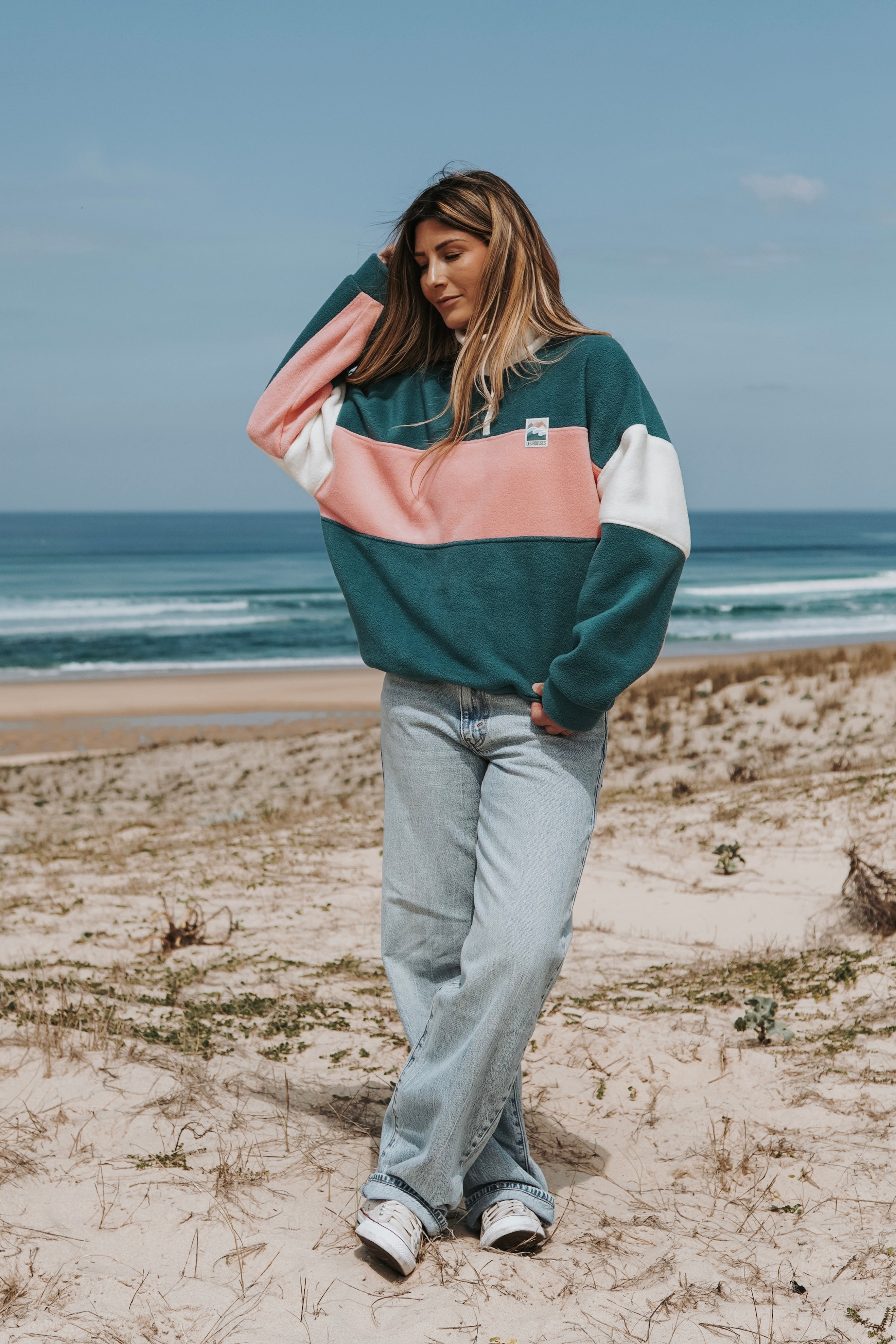 Pull polaire vert & rose
