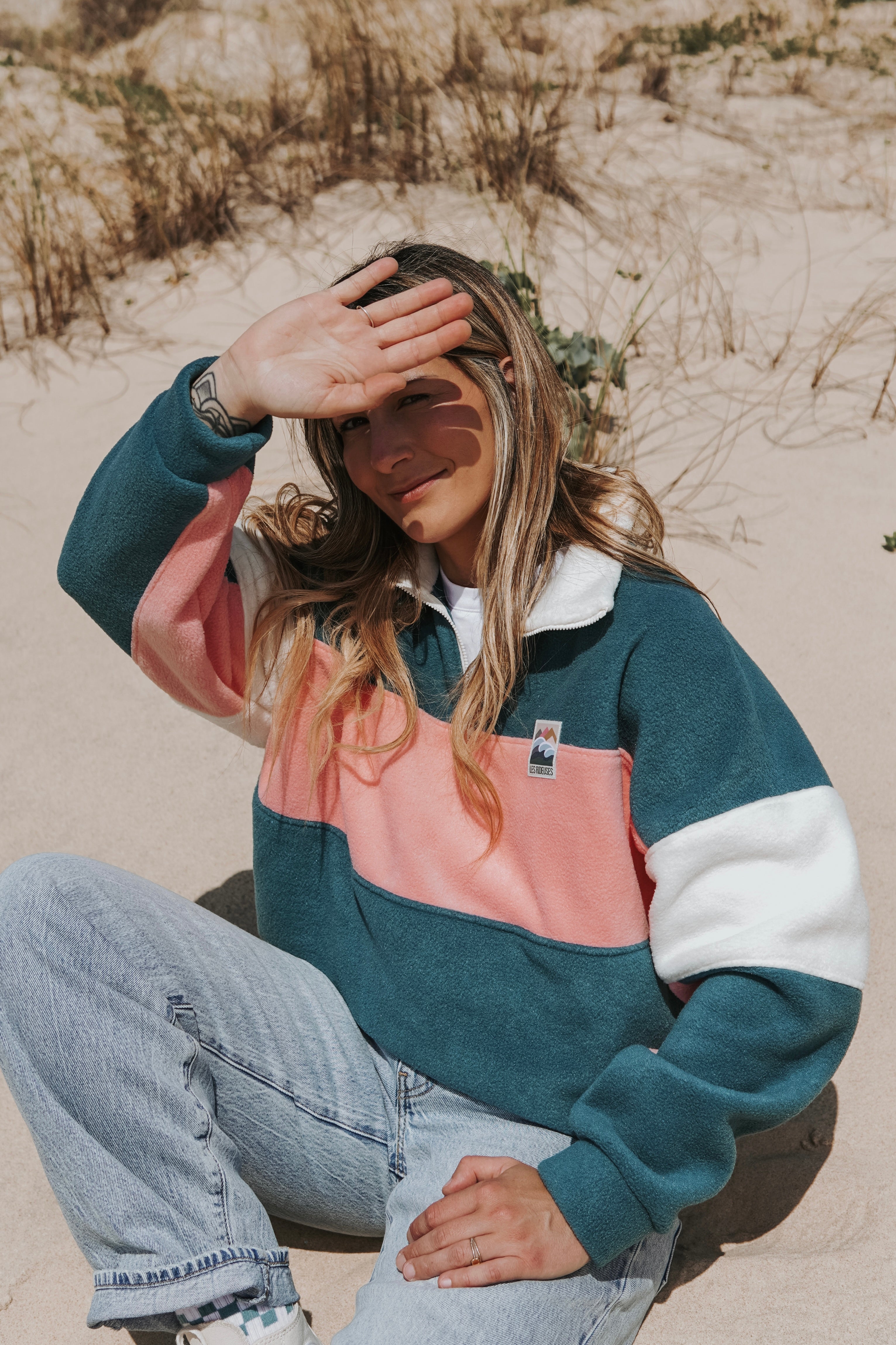 Pull polaire vert & rose