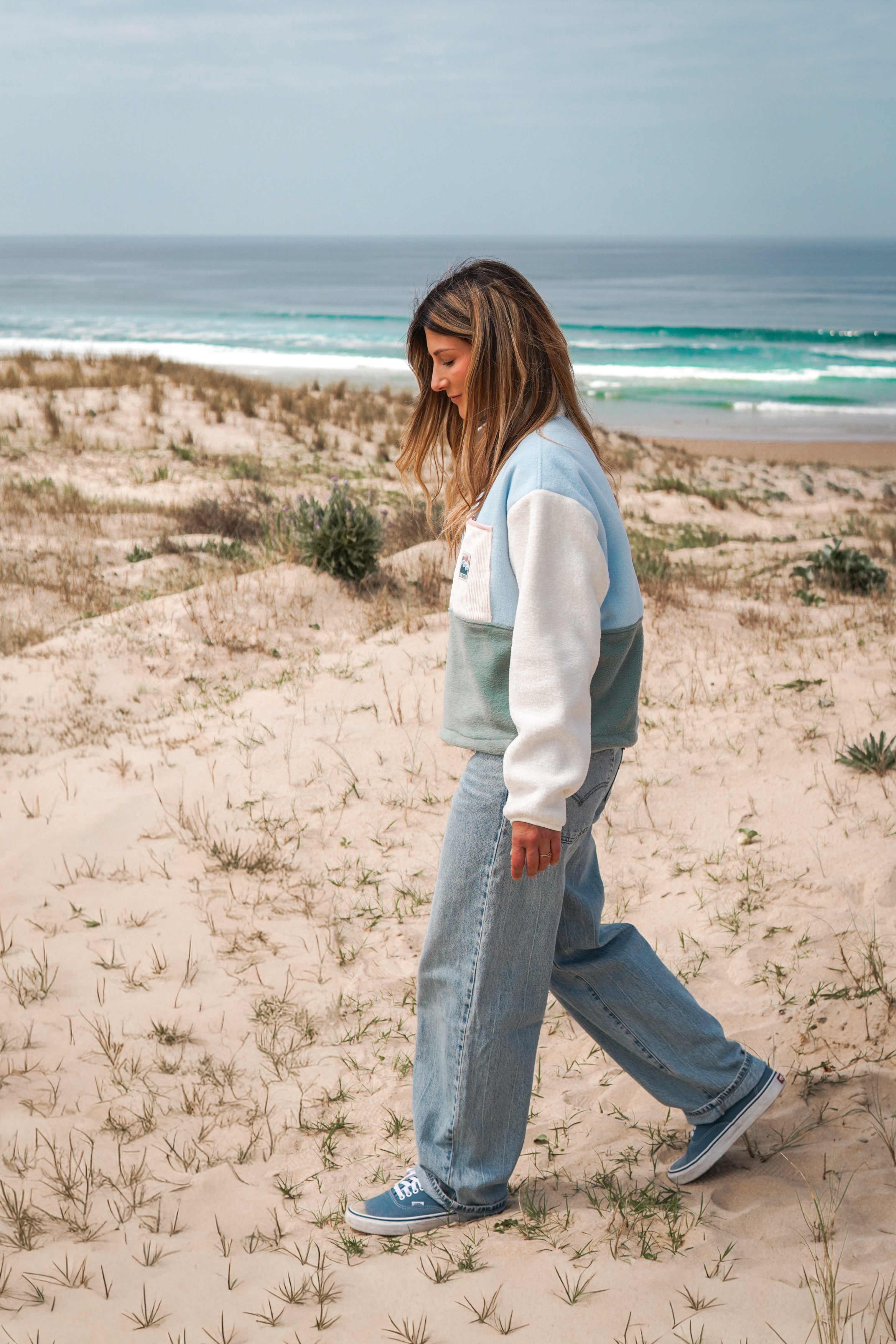 Pull polaire bleu & vert pastels