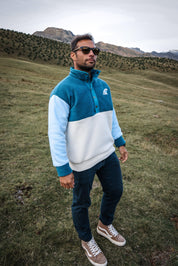 Veste polaire tricolore vert forêt, bleu ciel, écru