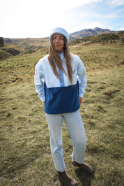 Veste polaire bleu ciel et bleu foncé