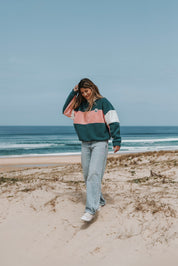 Pull polaire vert & rose