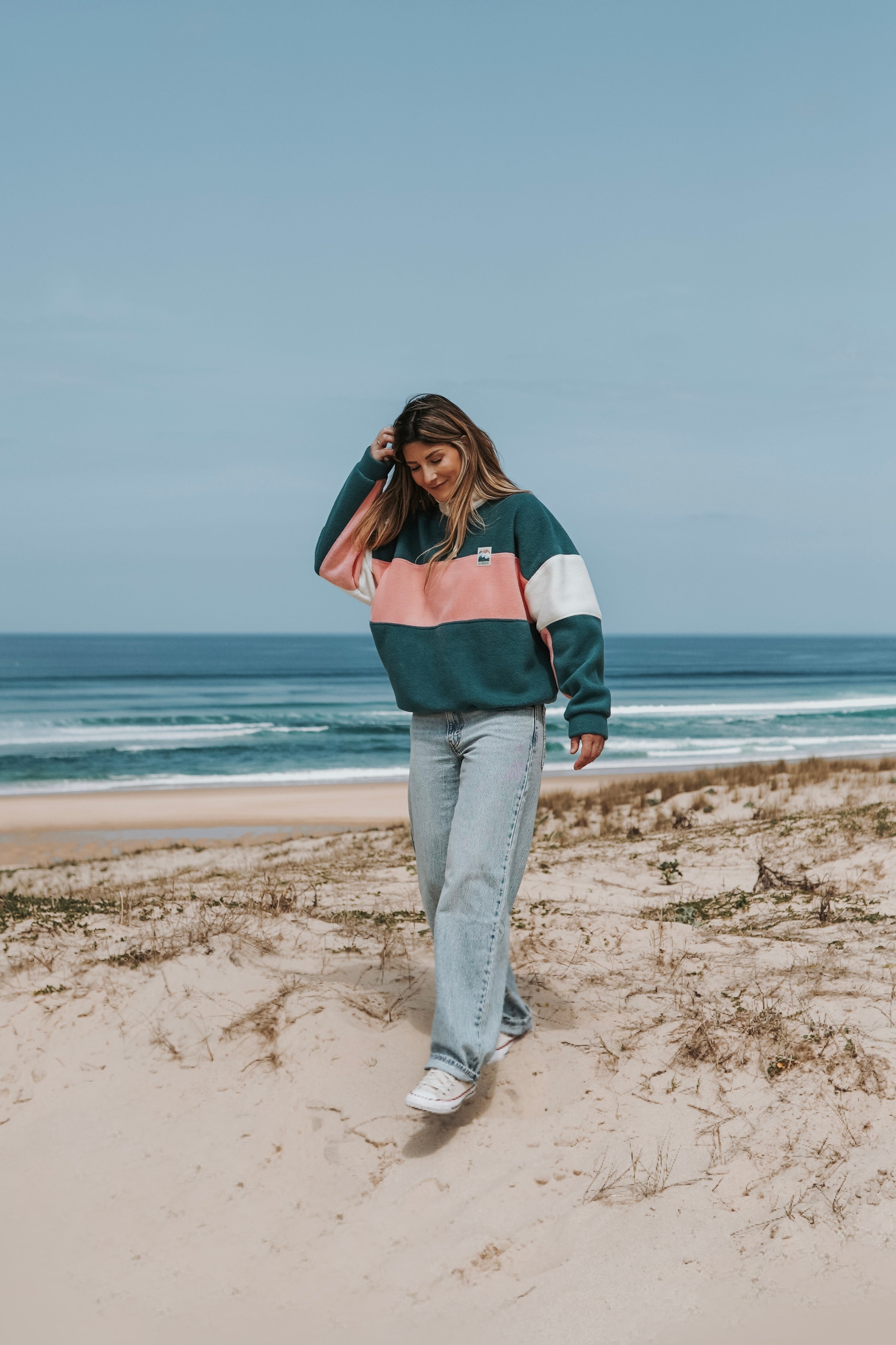 Pull polaire vert & rose