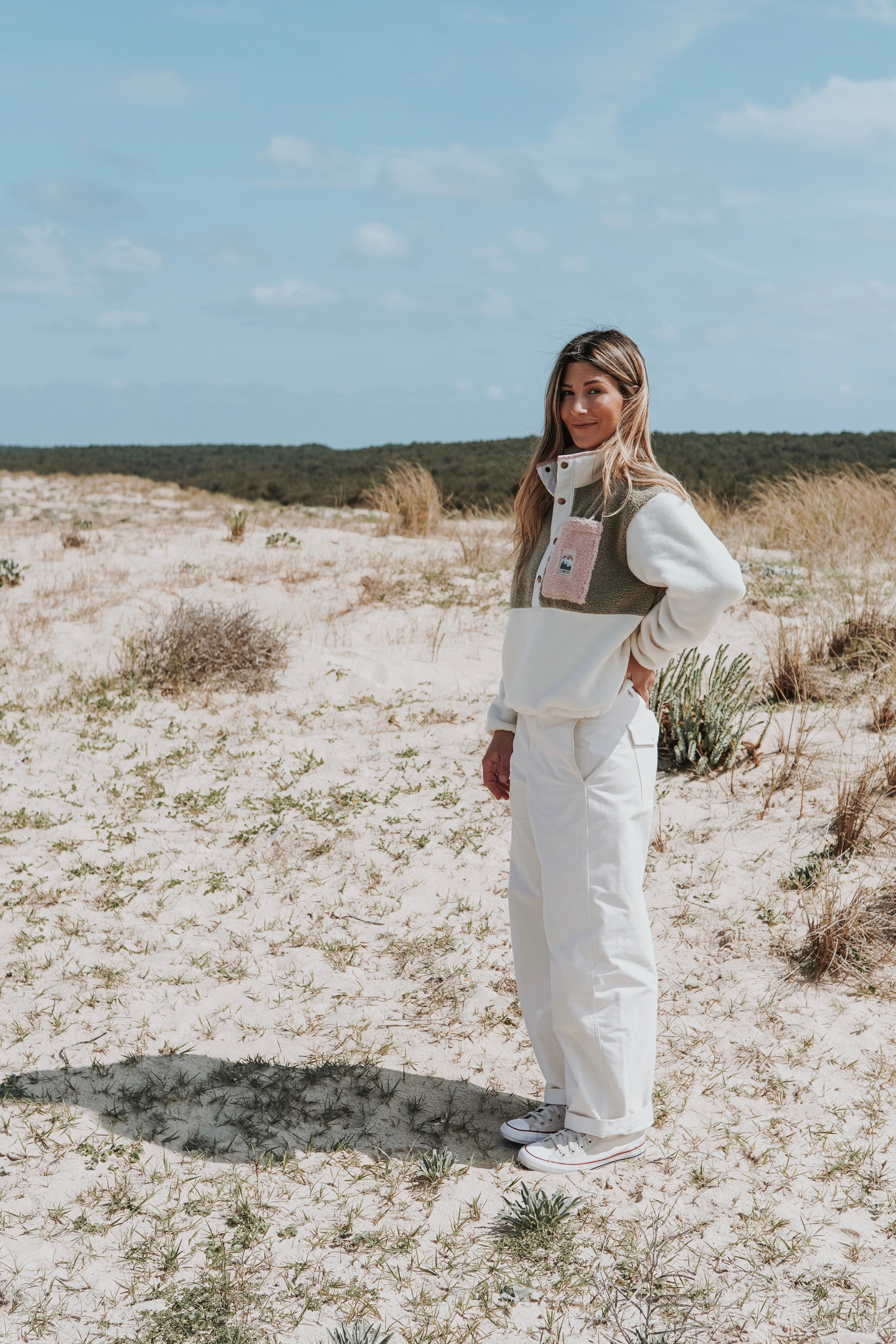 Veste polaire sherpa kaki clair/écru et rose
