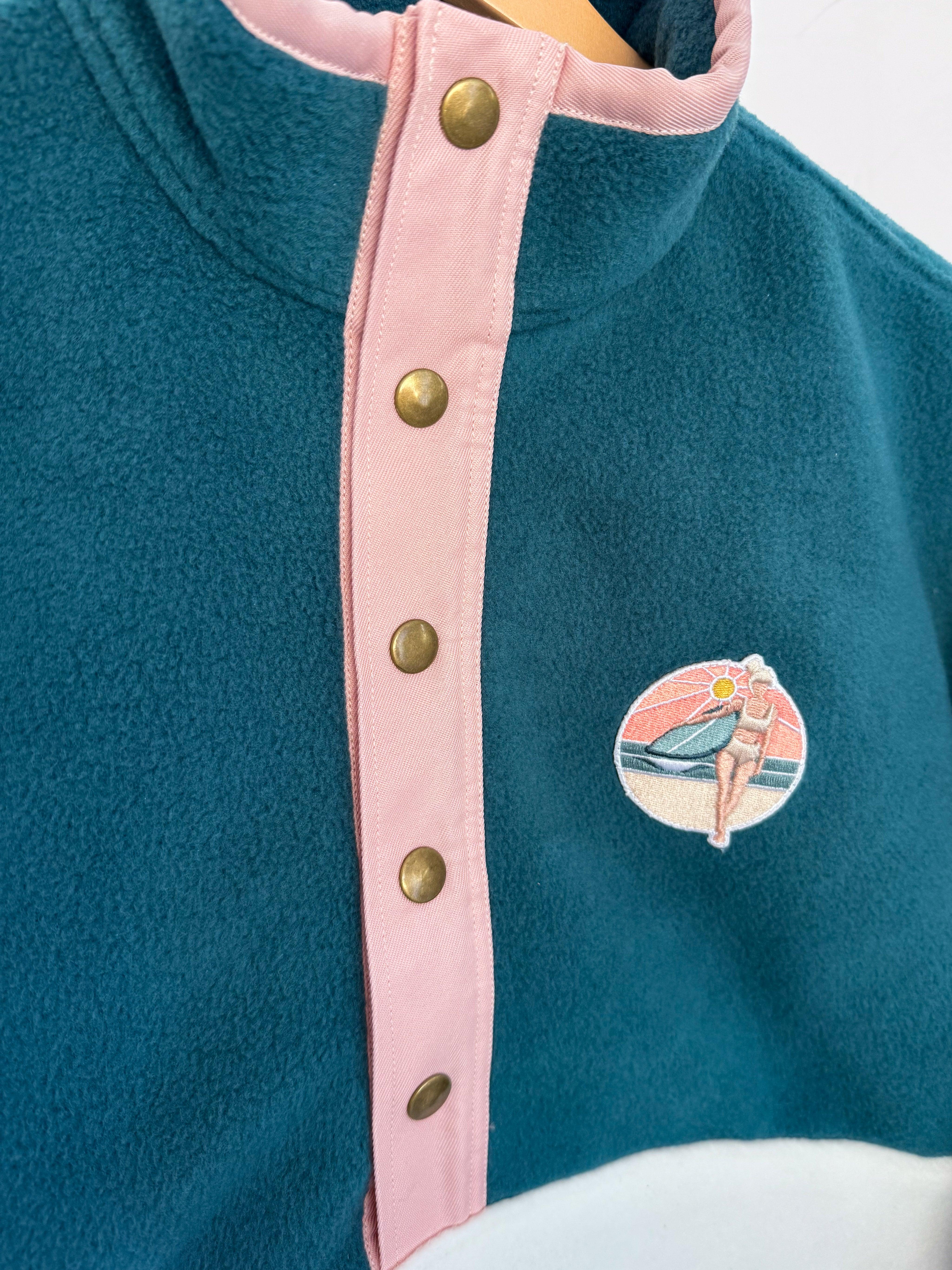 Veste polaire vert forêt, écru et rose pâle