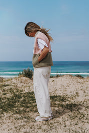 Veste sherpa sans manches rose pâle & kaki clair