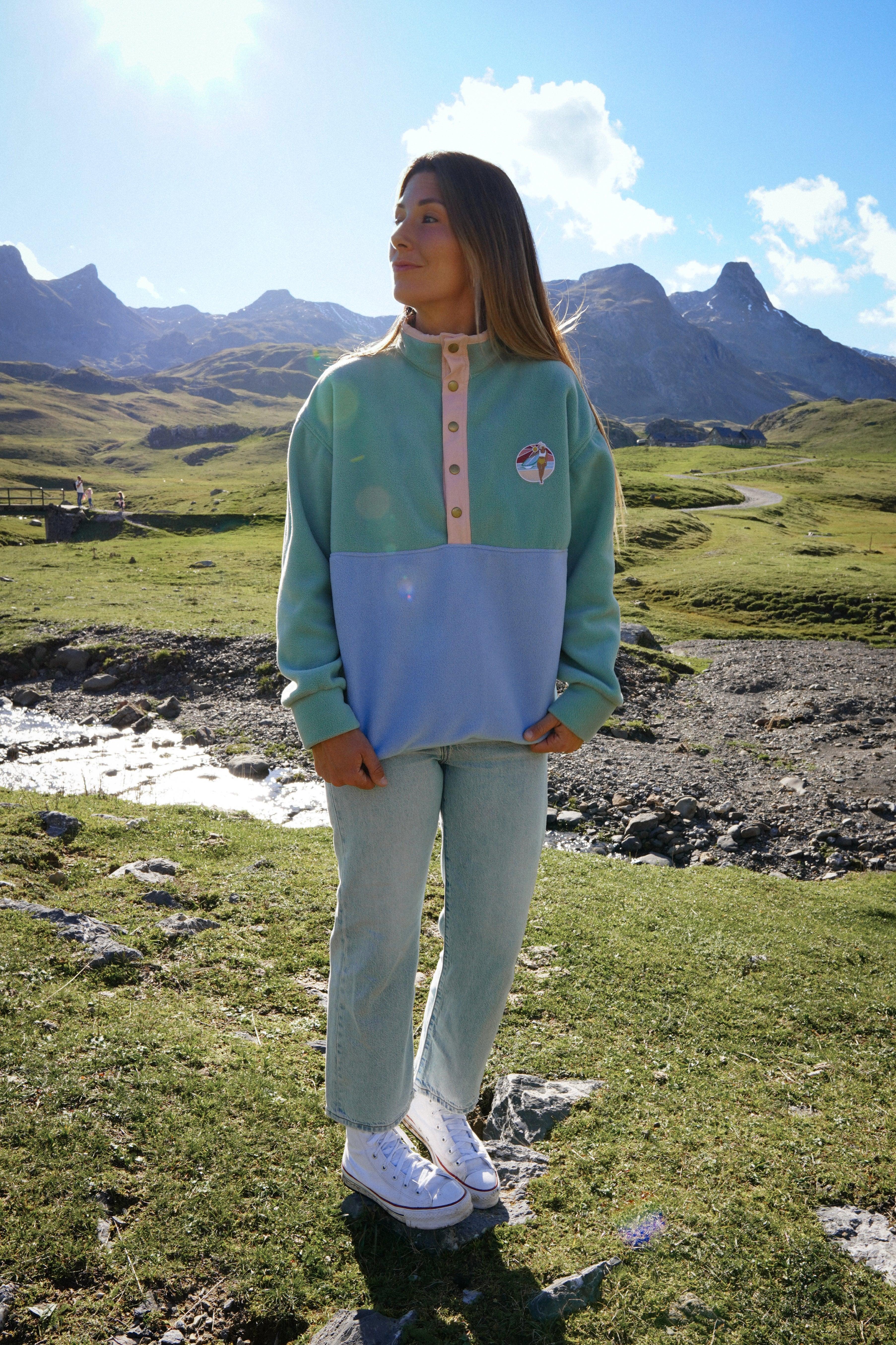 Veste polaire vert sauge et bleu nuage