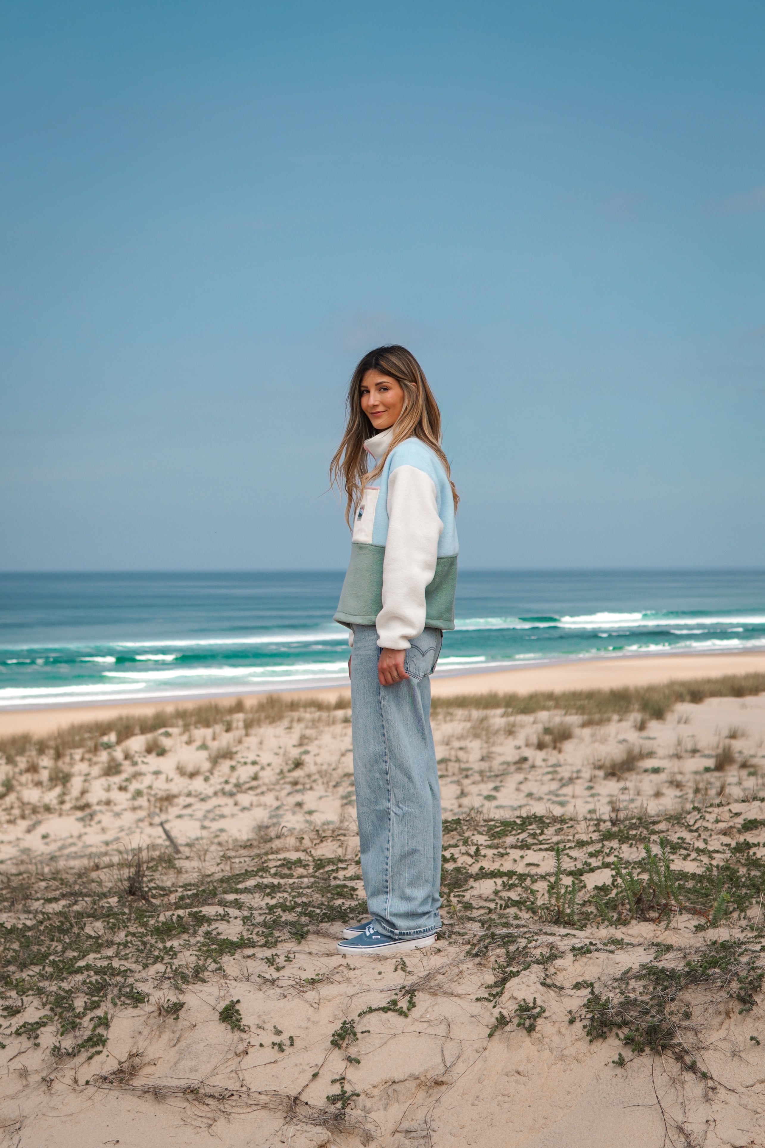 Pull polaire bleu & vert pastels