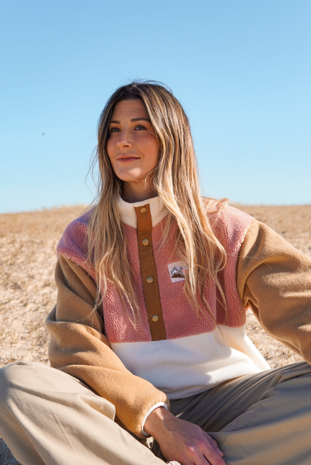 Veste polaire sherpa vieux rose/camel clair et écru