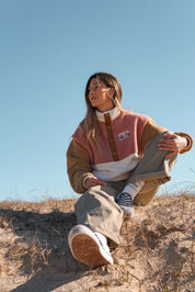 Veste polaire sherpa vieux rose/camel clair et écru