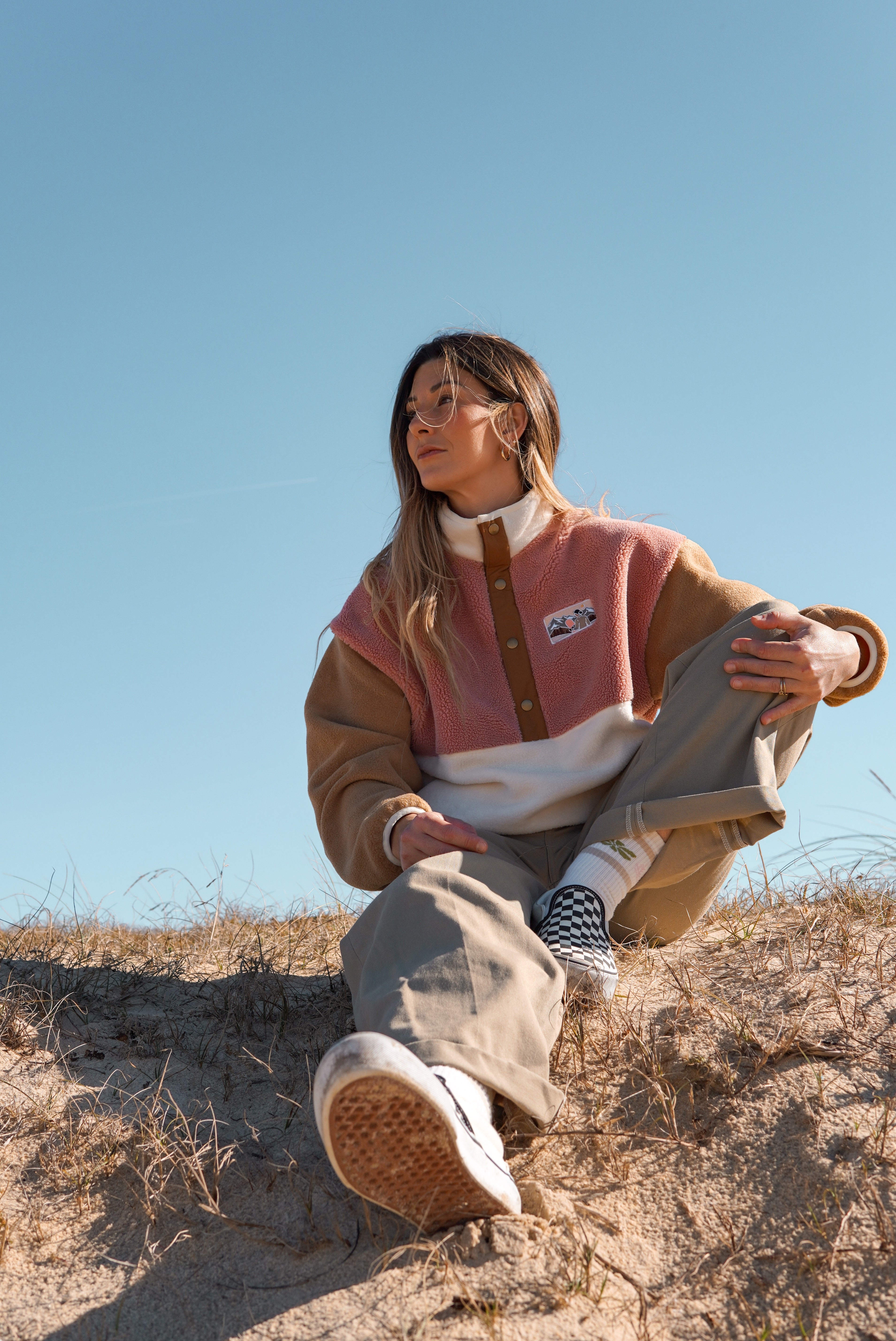 Veste polaire sherpa vieux rose/camel clair et écru