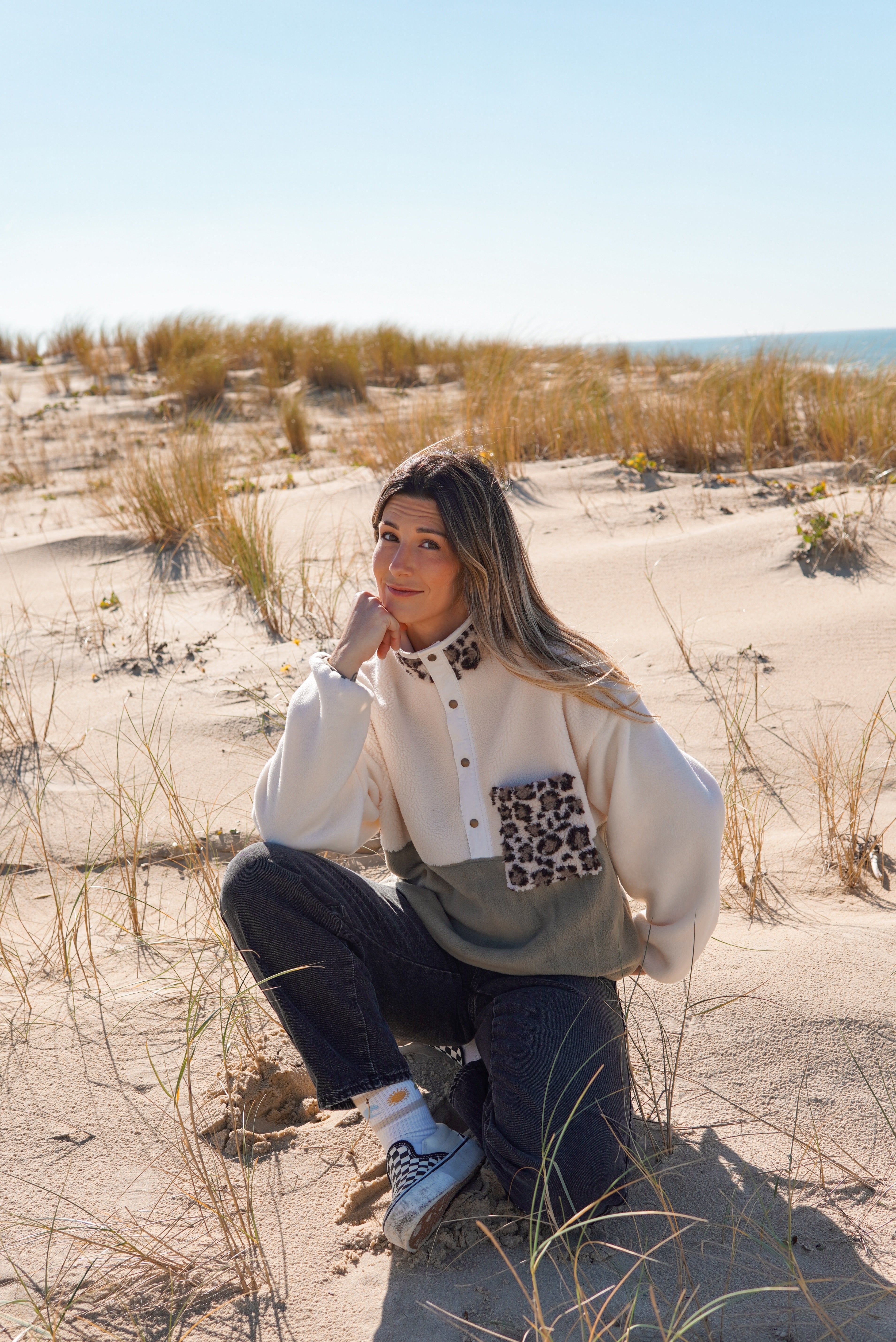 Veste polaire sherpa écru/olive et léo