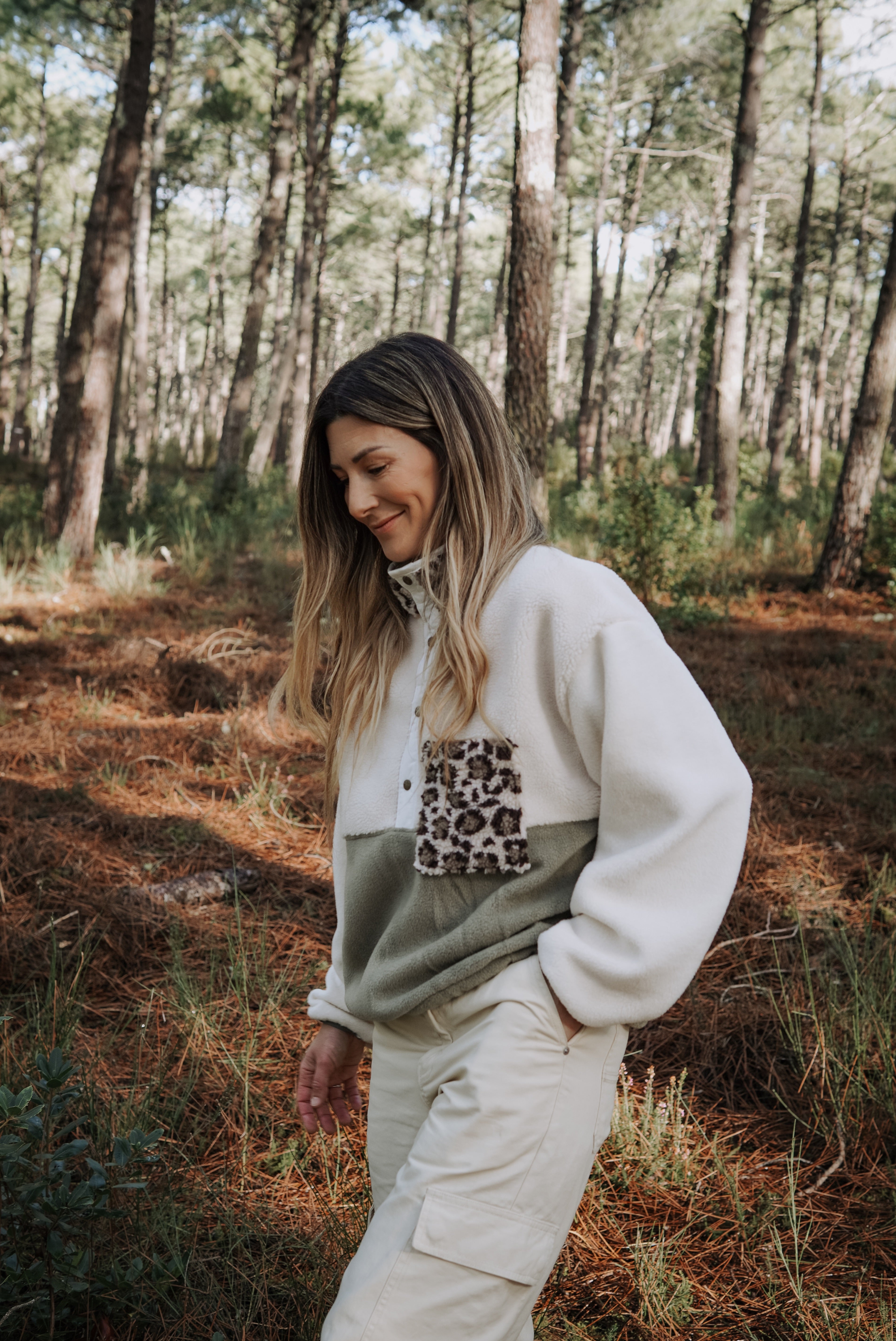 Veste polaire sherpa écru/olive et léo