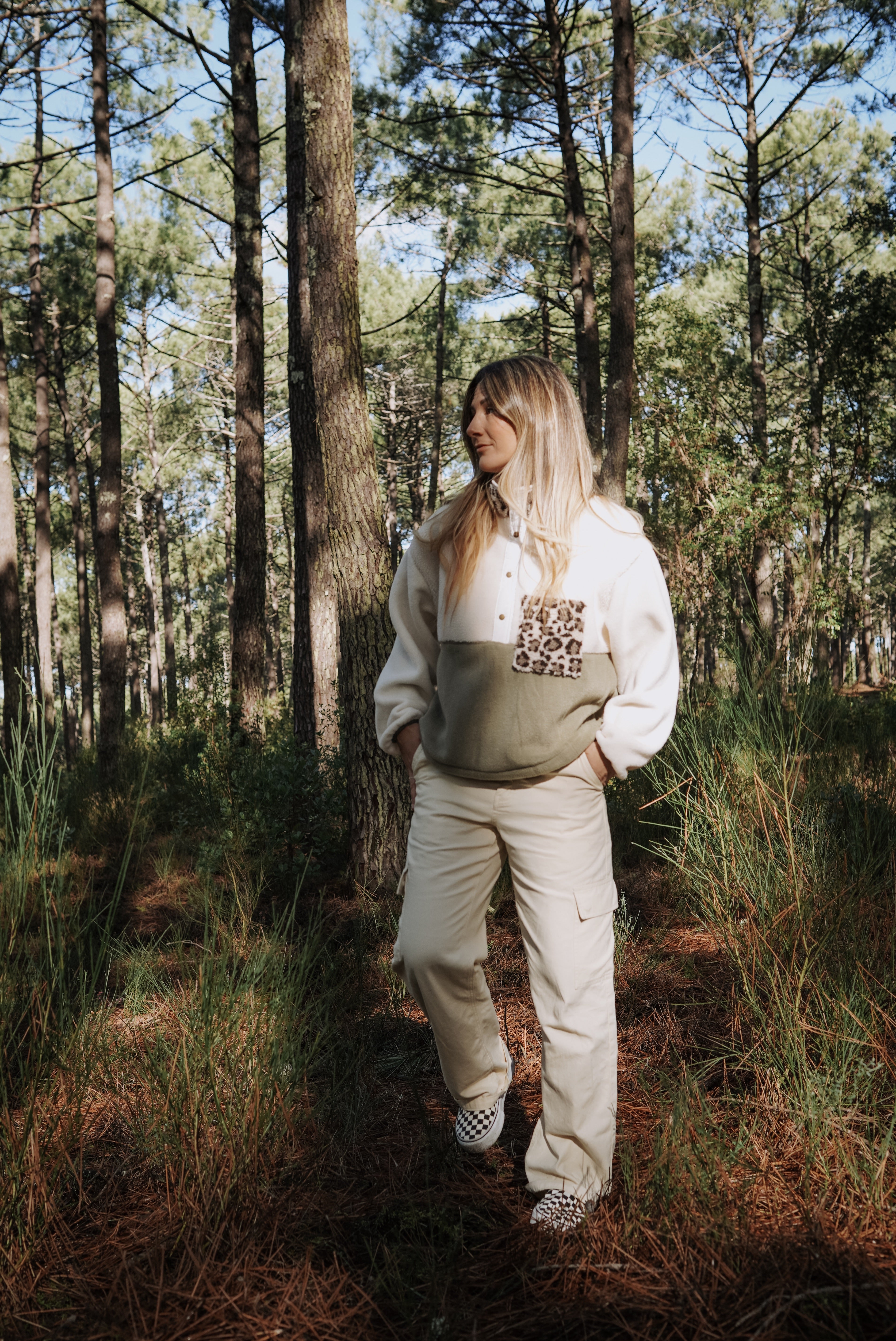 Veste polaire sherpa écru/olive et léo