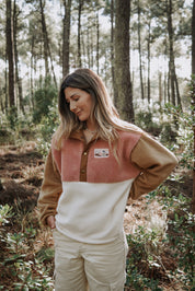 Veste polaire sherpa vieux rose/camel clair et écru