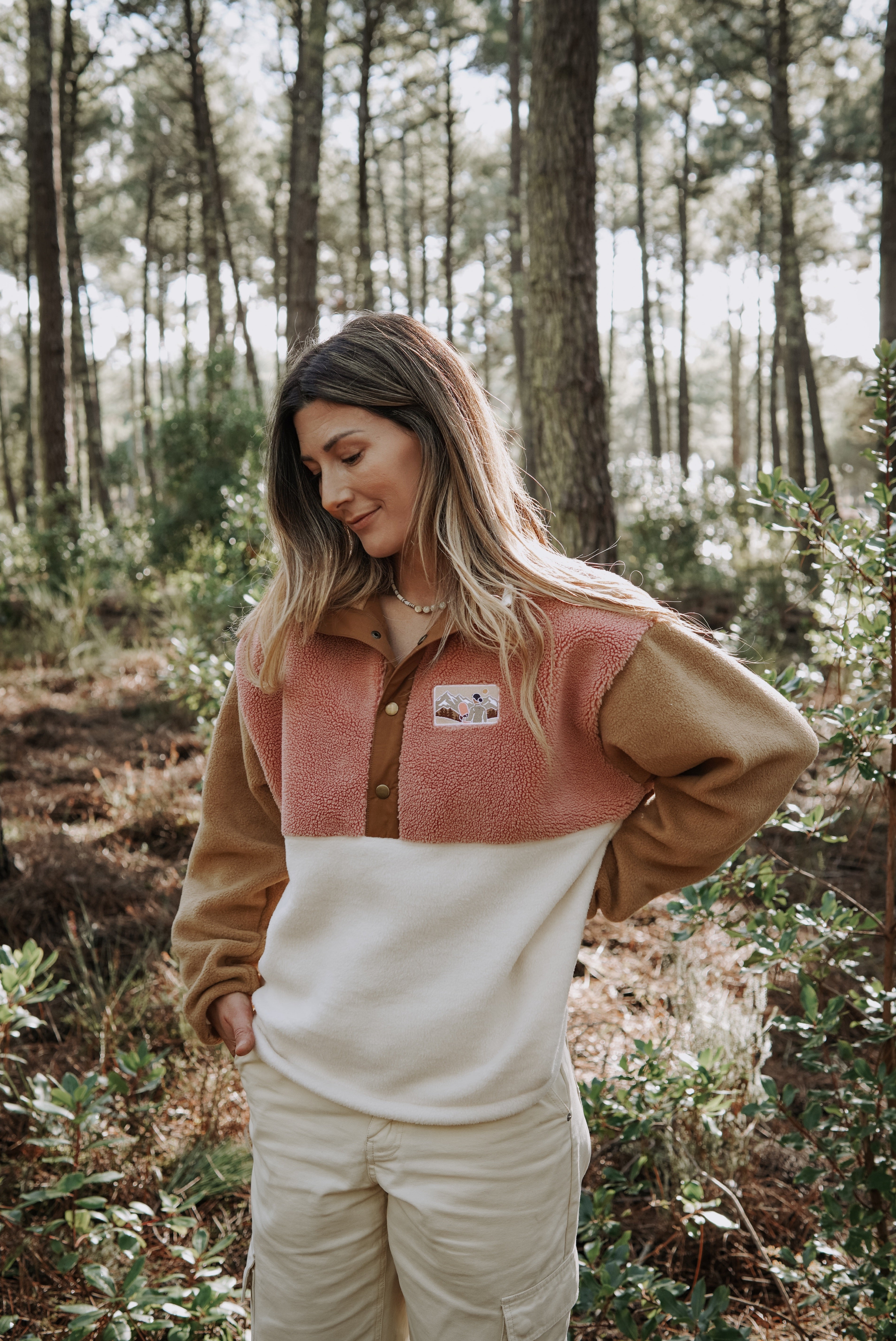 Veste polaire sherpa vieux rose/camel clair et écru