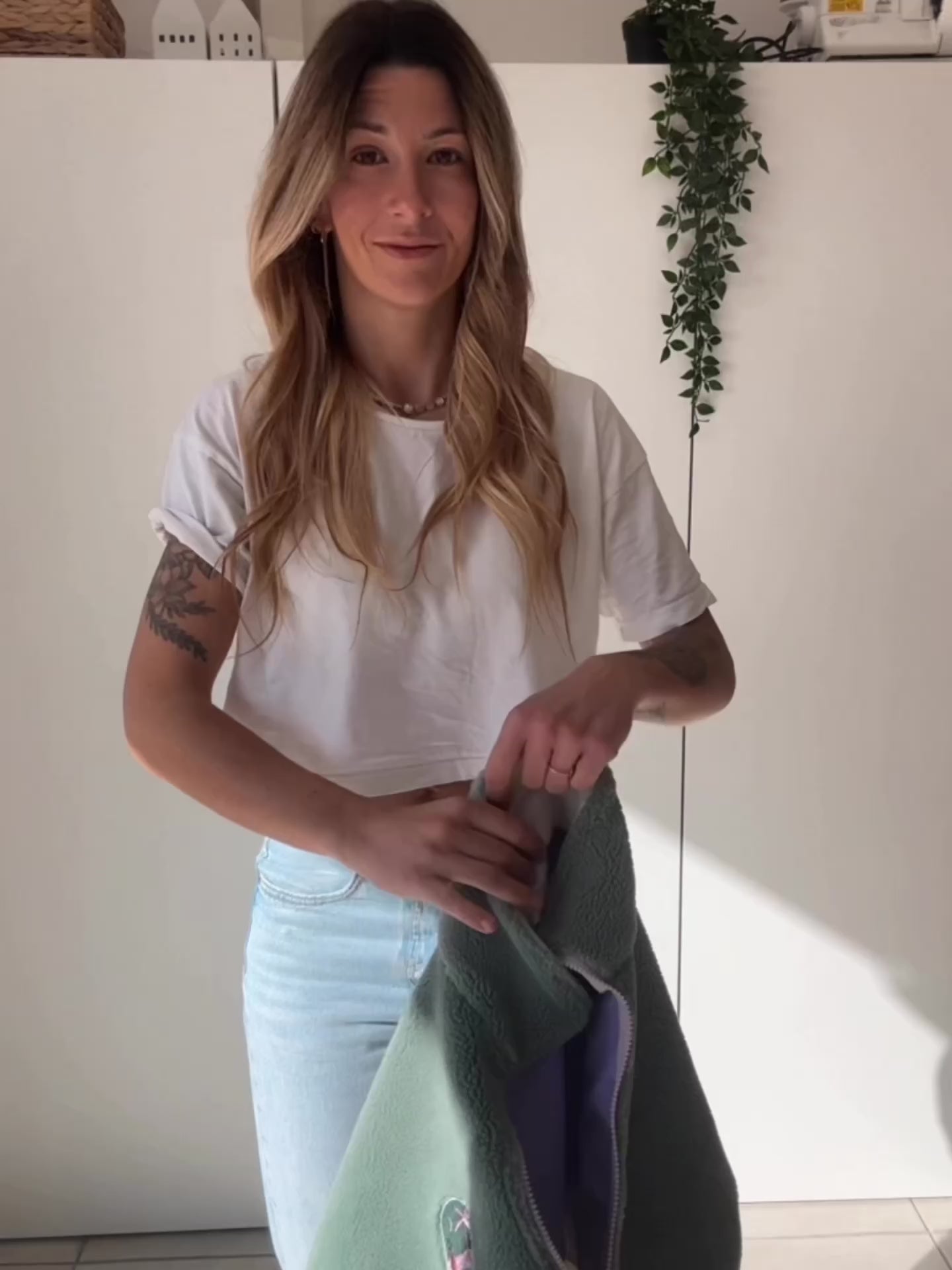 Veste polaire sherpa vert sauge, écru et lila- Plus épaisse